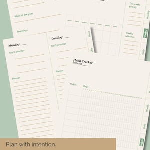 Könnte beinhalten: Ein digitales Planer-Set mit cremefarbenen Seiten, dunklem Text und hellbraunen Linien. Die Abschnitte umfassen My Goals, Week of, Monday, Tuesday und Habit Tracker. Seitliche Registerkarten beschriften die Bereiche Home, Monthly, Weekly, Daily, Habits, Goals und Notes.