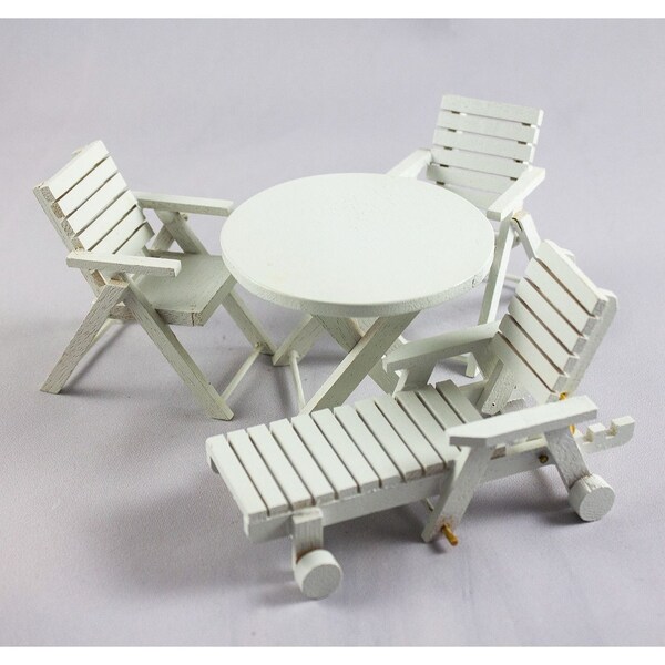 Dollhouse White Wood Patio Furniture Set Table Chairs Chaise Lounge AS IS 1:12 Scale