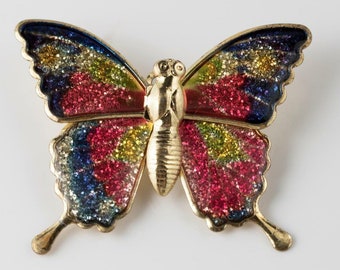 Sparkly Enamel & Gold-Tone Glitter Rainbow Metal Butterfly Pin 1.5" x 1.25"