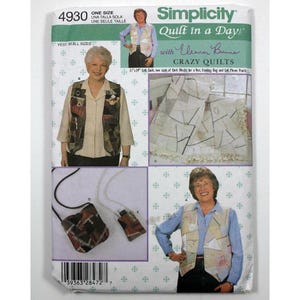 May include: Simplicity 4930 Quilt in a Day sewing pattern envelope featuring Eleanor Burns. The pattern includes instructions for a vest, a 31 inch by 39 inch quilt, an evening bag, and a cell phone pouch, all showcasing various patchwork designs.