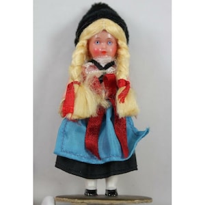 Vintage Hard Plastic Folk Costumed 4.5&quot; Girl w/Braids Souvenir Doll