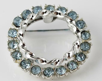 Vintage Round Silver-Tone Circle Scarf Brooch Lapel Pin Light Blue Rhinestones