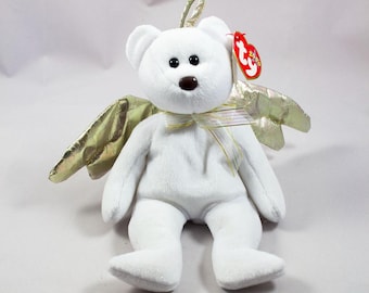 Ty Beanie Babies 2000 Halo II Angel Bear 6th Gen Hang Tag Gold Wings Brown Nose