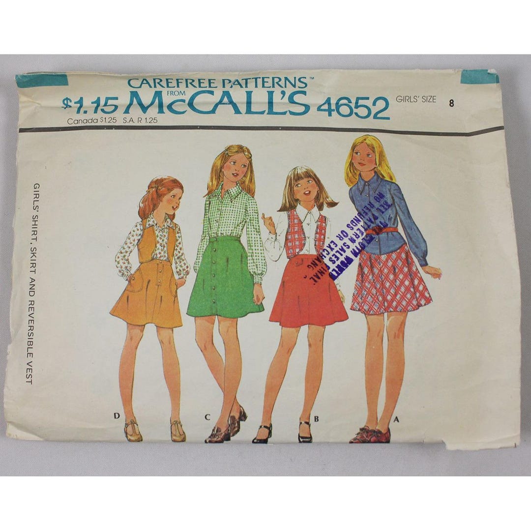 Vintage 1975 Mccalls Pattern 4652 Girls' Shirt & Skirt Sz 8 CUT ...