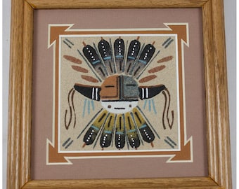Navajo Art Sandpainting Moon Face by Alfred Yazzie Framed Matted 7x7"