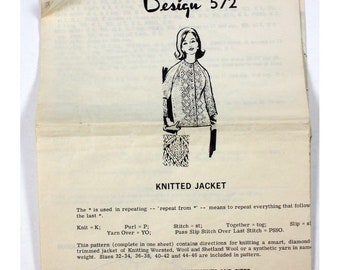 Vintage Mail Order Reader Mail Design 572 Knitted Woman's Jacket 1960's Pattern