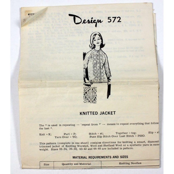 Vintage Mail Order Reader Mail Design 572 Knitted Woman's Jacket 1960's Pattern