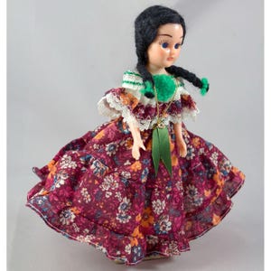Vintage Hard Plastic 7.5&quot; Costumed Display Doll Black Hair Braids Sleep Eyes