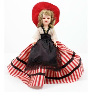 Vintage Plastic Costumed Display Doll Sleep Eyes Frozen Legs Red & White Dress