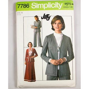 May include: A Simplicity Jiffy sewing pattern envelope 7786 for a size 14 miss. The cover features illustrations of a grey blazer and pants set, and a rust-colored jacket and skirt set with white trim. The text includes Simplicity 7786 and Jiffy.
