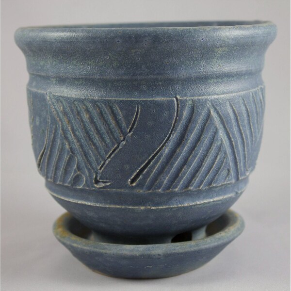 Handmade Blue Pottery Stoneware Planter w/Attached Drainage Dish 5.25" Tall