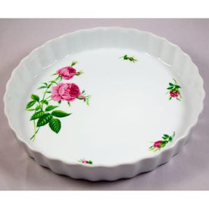 Vintage Christine Holm Fluted Edge Quiche Tart Pie Dish Pink Rose Pattern 9.5&quot;