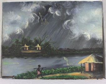 African Village Scene Grass Huts Storm Clouds Lightning Oil on Canvas Signed