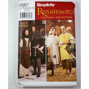 Könnte beinhalten: Eine Simplicity Renaissance Costume Collection Schnittmusterhülle, Nummer 8587, Größe A (XS, S, M, L, XL). Die Vorderseite zeigt Illustrationen von vier Personen in historisch anmutender Kleidung, darunter Westen, Tuniken, Schürzen und Kopfbedeckungen.