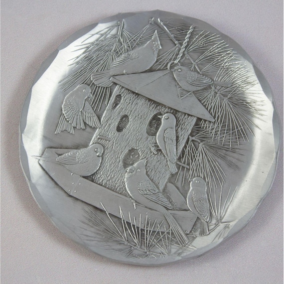 Wendell August Forge 1990's Pewter Plate Coaster Birds at Feeder
