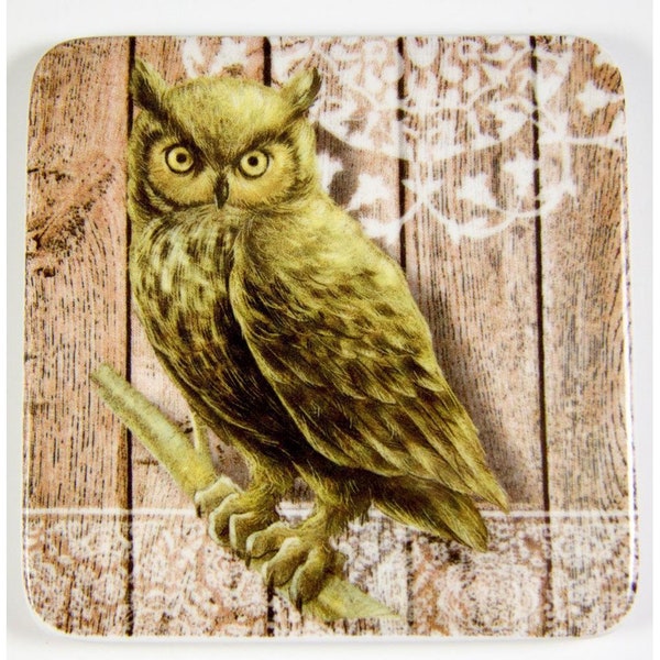 Glazed Ceramic Tile Coaster Great Horned Owl Transfer Pattern 3.75" Square Cork