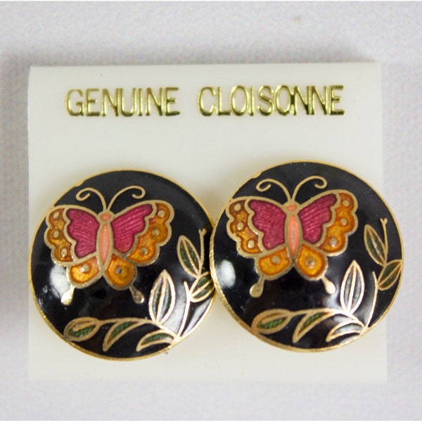 Vintage 1980's Genuine Cloisonne Pierced Earrings Butterfly Motif Black and Pink
