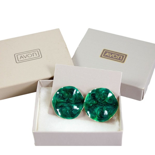 Avon Emerald Green Pearlized Ruffle Pierced Earrings Vintage 1985 with Box