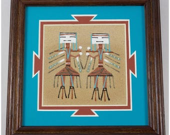 Navajo Art Sandpainting Double Corn Yei by Wilton Lee Framed Matted 7x7"