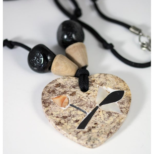 Heart Shaped Stone Pendant w/MOP & Shell Inlays on 32" Knotted Nylon Cord