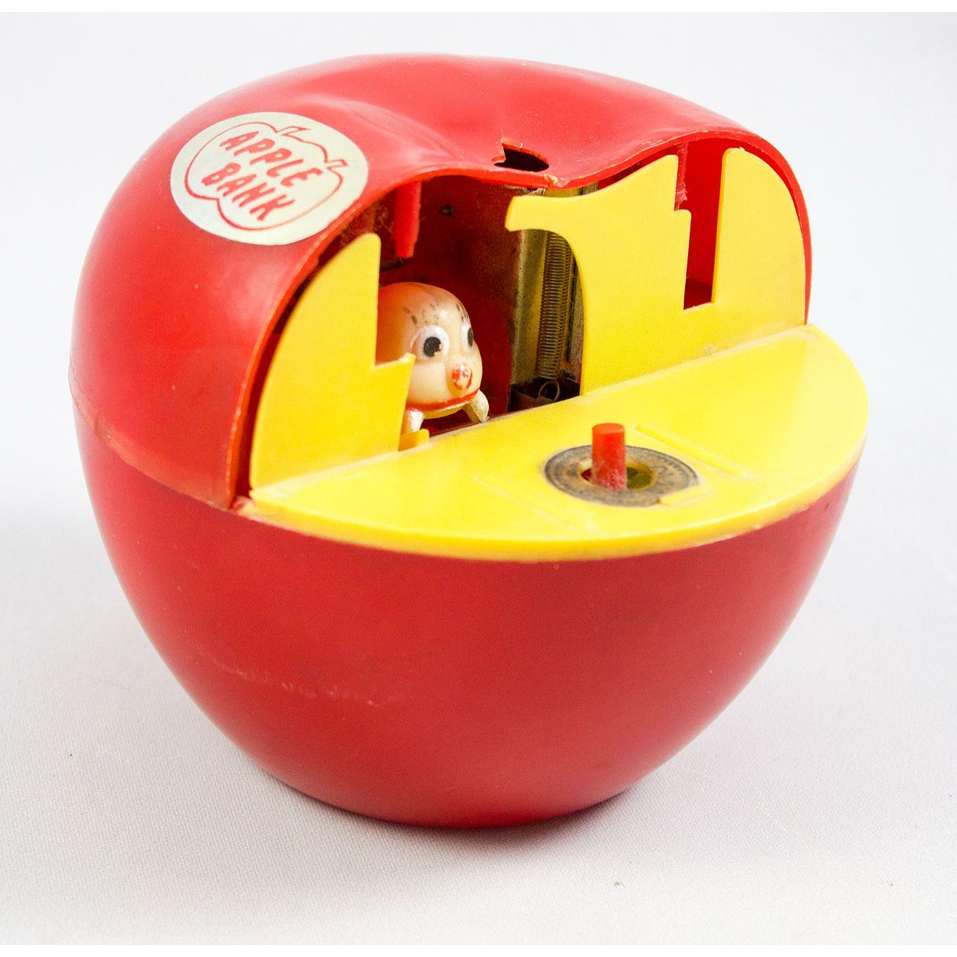 Vintage 1960's Wind-up Apple Worm Coin Bank Plastic AS IS for