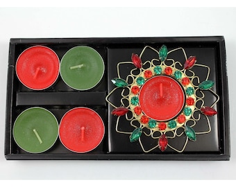 Festive Tealight Candle Set Red & Green Unscented Candles And Decorative Holder