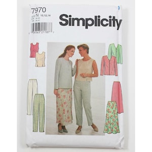 May include: Simplicity sewing pattern number 7970 for sizes N (UK 10,12,14). The pattern includes instructions and diagrams for making a jacket, a sleeveless top, a long skirt, a pair of trousers, and a short-sleeved top.