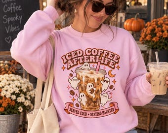 Iced Coffee Afterlife Sweatshirt, Ghost Coffee Crewneck, Pink Retro Halloween Shirt, Iced Latte Lover Gift