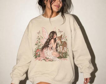 Woodland Fairy Sweatshirt, Fairy and Deer Crewneck, Forest Fairy Sweater, Cottagecore Sweatshirt, Whimsical Nature Lover Gift