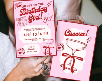 Bearbeitbare Geburtstagseinladung | 21er Geburtstagsparty | Rosa und Rotes Thema | Sofortdownload | Canva Pro Vorlage | Digital einladen