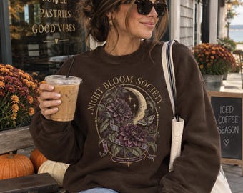 Night Bloom Society Sweatshirt, Witchy Floral Moon Crewneck, Gothic Botanical Fall Shirt, Dark Academia Gift