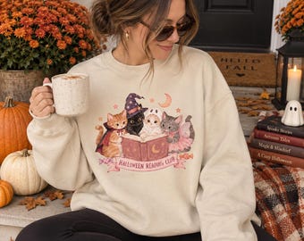 Cats Costumes and Chapters Sweatshirt, Halloween Cat Book Club Crewneck, Spooky Reader Shirt, Cat Lover Gift