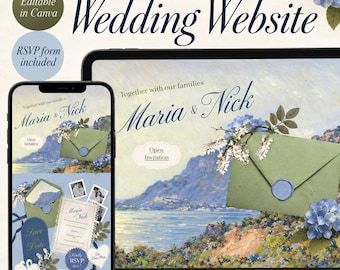 Blue Hydrangea Wedding Website Template, Editable Canva Digital Invitation with RSVP, Romantic Coastal Wedding
