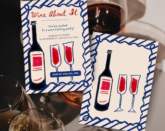 Editable Wine Invitation | Wine Tasting Party | Blue and Red Theme | Instant Download | Canva Pro Template | Digital Invite