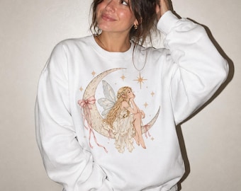 Moon Fairy Sweatshirt, Celestial Fairy Crewneck, Fairycore Sweatshirt, Whimsical Cottagecore Sweater, Fantasy Lover Gift