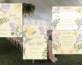 Butter Yellow Lavender Floral Wedding Invitation Suite CanvaPro Template | Modern Wedding Bundle | Invitation & RSVP | Printable Set
