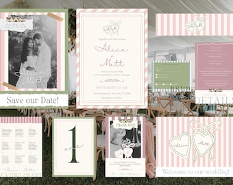 Modern Locket Stripe Wedding Invitation Suite Canva Pro Template | Modern Wedding Bundle | RSVP, Seating Chart, Welcome Sign | Printable Set