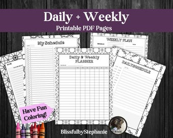 May include: A set of printable PDF planner pages featuring black and white geometric borders. The sheets include headers such as My Schedule, Weekly Plan, and Daily & Weekly Planner with lined sections for organisation and colouring.