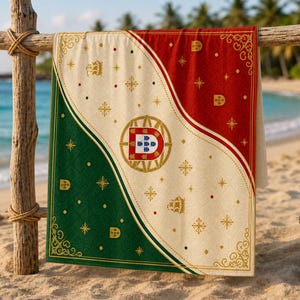 May include: A beach towel featuring the Portuguese flag design, with green, red, and cream sections. The towel has a central emblem and decorative gold accents. It is displayed on a wooden rack on a sandy beach.