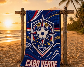 Ręcznik plażowy Cabo Verde Soccer | Prezent dla kibica Island Pride Football, wzór Blue Flag