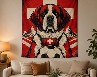 Switzerland Soccer Wall Art Tapestry | St Bernard Mountain Retro Poster | Swiss Home Decor | World Cup 2026