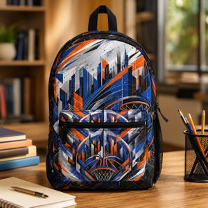 May include: A backpack featuring a vibrant graphic print of a stylized city skyline and basketball hoop in shades of blue, orange, white, and black. The bag includes a top handle, a front zippered pocket, and black mesh side pockets for storage.