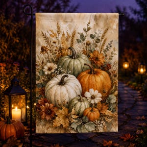 May include: A rectangular garden flag featuring a watercolour-style illustration of various pumpkins in shades of orange, white, and muted green, surrounded by dried wheat stalks, autumn leaves, and small white flowers on a light beige background.