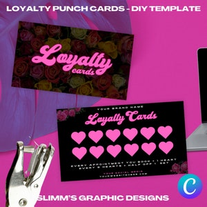 Op de afbeelding: Een printbare loyaliteitskaartensjabloon met een zwarte achtergrond en roze harten. De tekst luidt "Loyalty Cards" en "Every appointment you book - 1 heart. Every 6 hearts - Half off 1 set."
