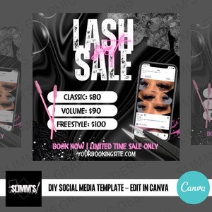Puede incluir: Un gráfico de redes sociales negro y rosa que anuncia extensiones de pestañas con el texto "Lash Sale" en letras blancas grandes. El gráfico incluye precios para extensiones de pestañas clásicas, de volumen y de estilo libre. El texto "Book Now! Limited Time Sale Only" está en letras rosas con la dirección del sitio web "yourbookingstite.com" debajo. El gráfico también incluye una foto de un ojo con extensiones de pestañas.