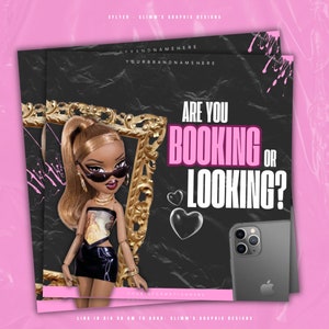 May include: A black and white graphic with a pink and white text overlay that reads "Are you booking or looking?"  The graphic features a cartoon doll with brown hair wearing sunglasses and a black skirt.  The graphic also features a black and grey smartphone.