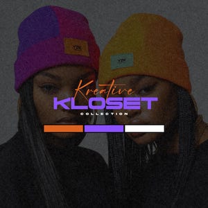 May include: A promotional image featuring two individuals wearing beanies. One beanie is purple and the other is yellow. The text "Kreative KLOSET Collection" is displayed in a stylized font. The image also includes the text "100% EDITABLE IN CANVA" and "visuals BY SLIMM".