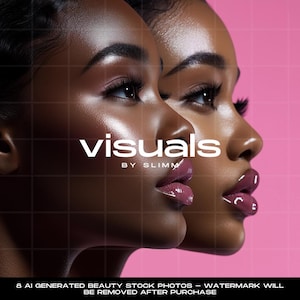 Puede incluir: Dos mujeres con tonos de piel oscuros y labios brillantes posan para una foto. La imagen es un primer plano de sus rostros. El texto "visuals by slimm" se superpone a la imagen.