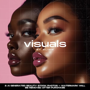Puede incluir: Dos mujeres con tonos de piel oscuros y labios brillantes, mirando hacia la derecha. La imagen tiene un fondo rosa y el texto "visuals by slimm" en blanco.