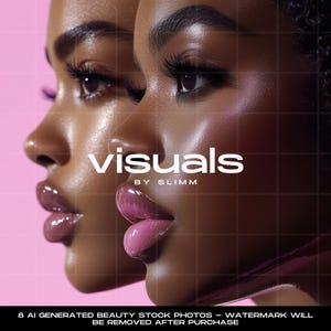 May include: Two close-up images of a woman's face with glossy pink lips and dramatic eyelashes. The text "visuals by slimm" is superimposed on the image. The text "8 AI GENERATED BEAUTY STOCK PHOTOS - WATERMARK WILL BE REMOVED AFTER PURCHASE" is at the bottom of the image.